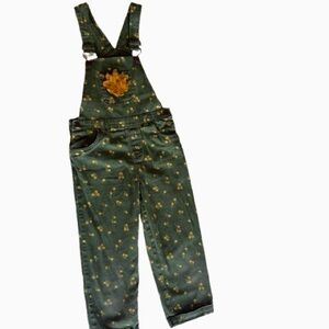Forest Green and Yellow Floral Jumpsuit Denim Overalls with Adjustable Straps
